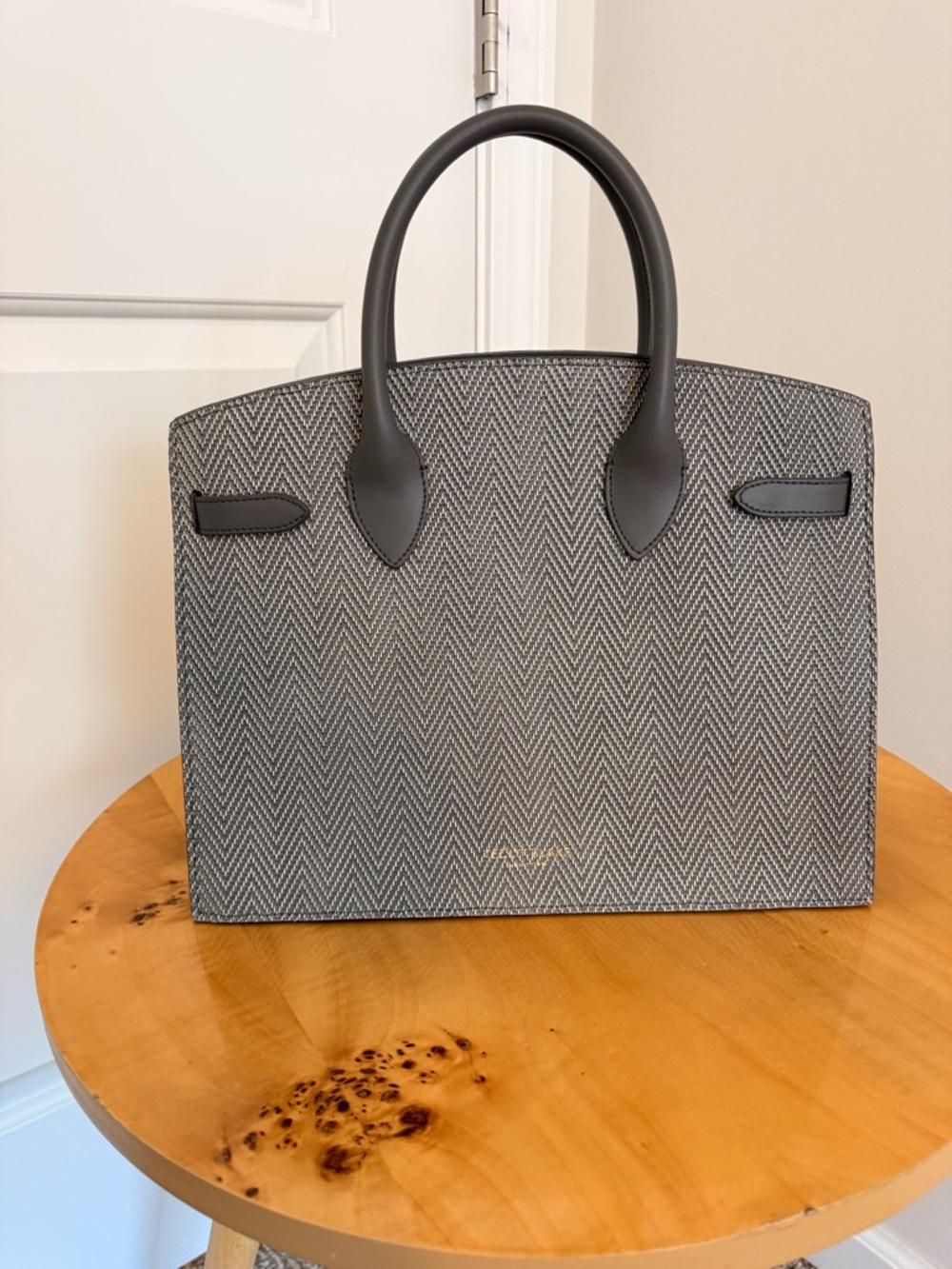 Teddy Blake Gray Herringbone Tote with Leather Handles